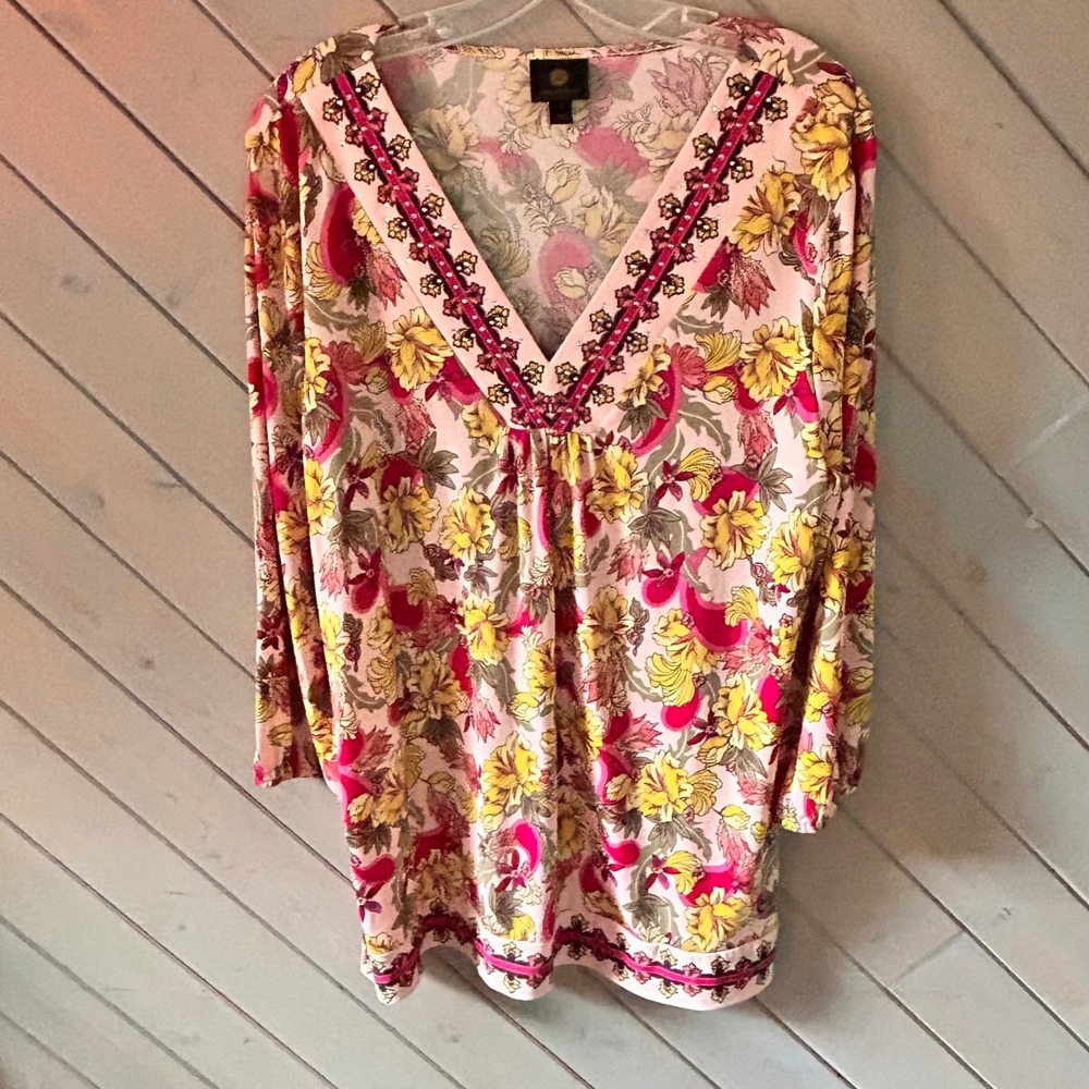 JM Collection Pink Yellow Floral Beaded V-Neck Tunic Top Large Womens 3/4 Sleeve